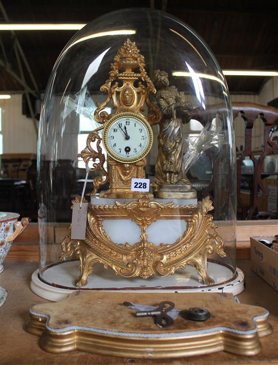 French gilt mantel clock under glass dome